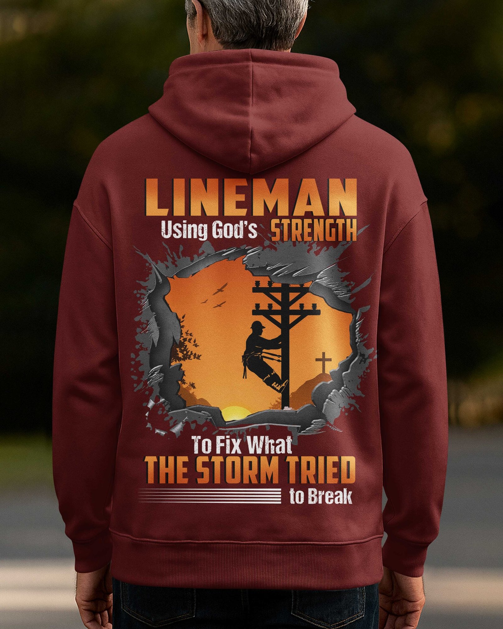 Lineman Using God's Strength To Fix What The Storm Tried To Break Zip Hoodie - Image 7