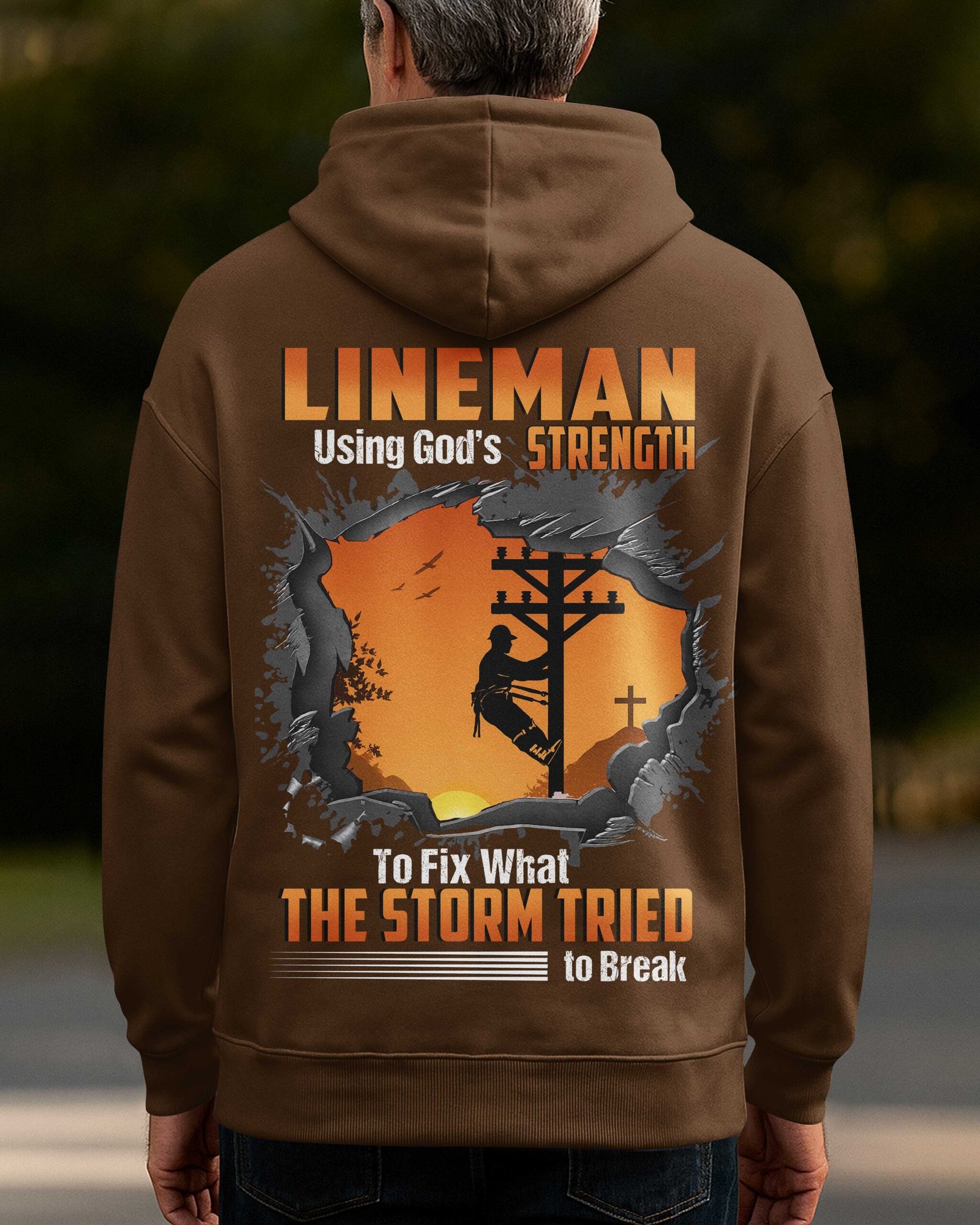 Lineman Using God's Strength To Fix What The Storm Tried To Break Zip Hoodie - Image 5